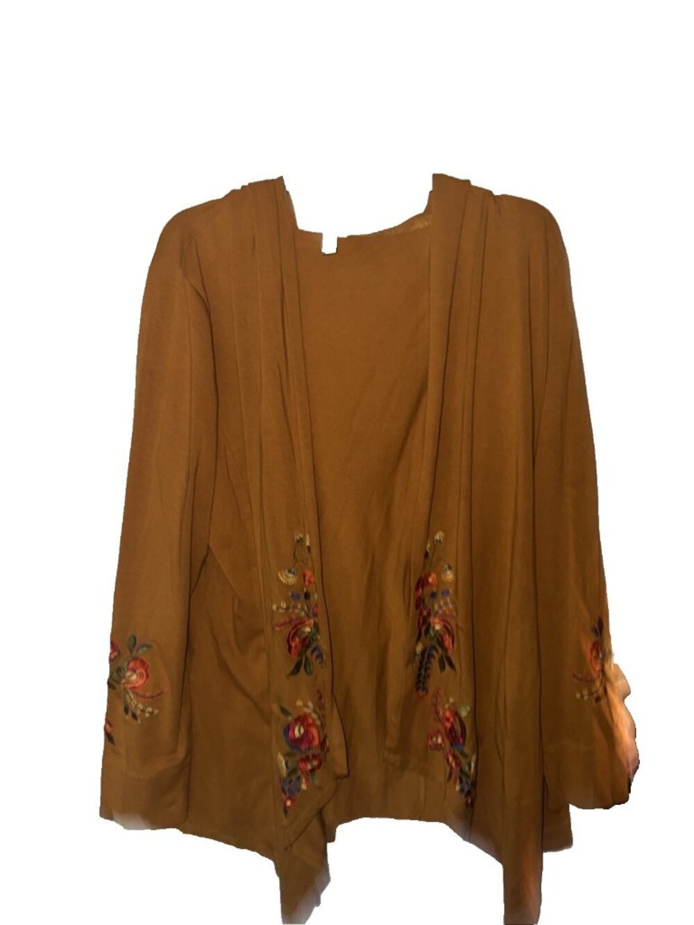 Embroidered Boho Style Cardigan Cover Up Mustard Open Front Sahalie Size L